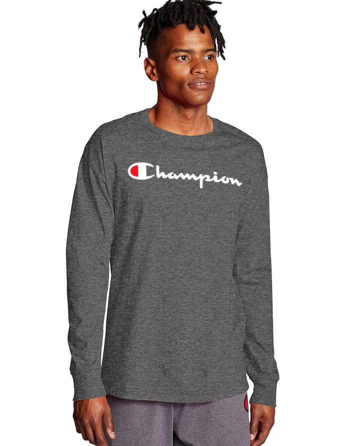 Champion Classic Long-Sleeve Script Logo T-Shirt Heren - DonkerGrijs - Belgie 8795JFTDS